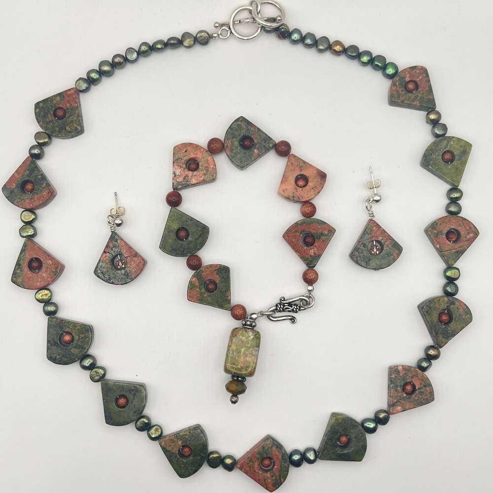 Unakite & Goldstone Sterling Silver Jewelry Set – Necklace,‎ Bracelet, Earrings